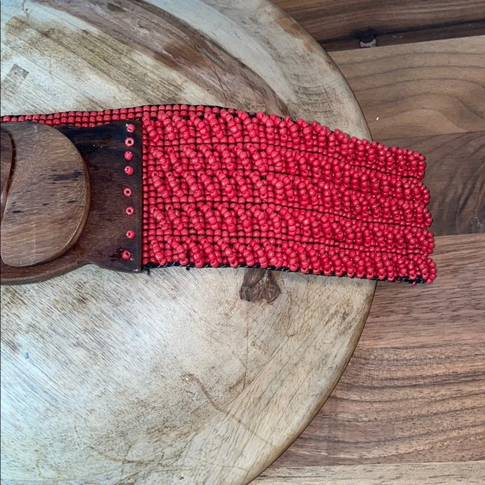 Boho Cowgirl Red Beaded Stretch Belt Wood Buckle Wide Artisan Small Southwest